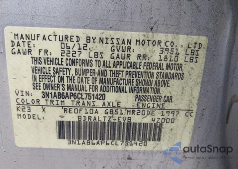 2012 Nissan Sentra 2.0 Sr из США, поврежденный, VIN 3N1AB6AP6CL751420